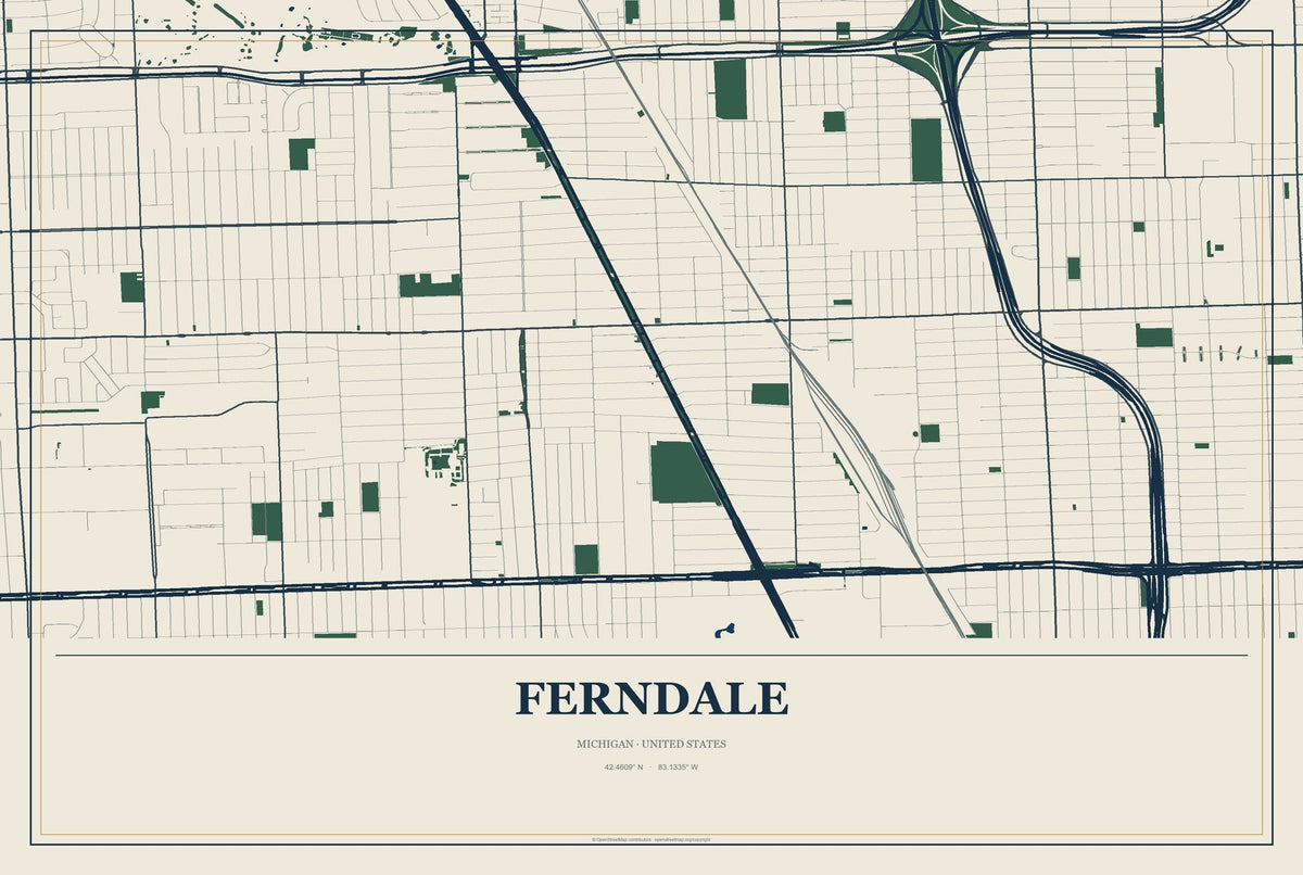 Ferndale, Michigan City Map Aluminum Sign in Coastal Cutout style