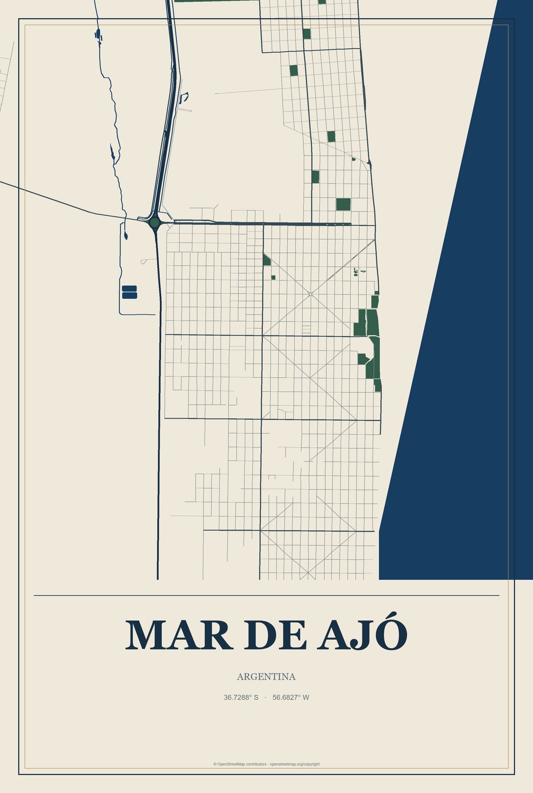 Mar de Ajó, Argentina City Map Aluminum Sign in Coastal Cutout style