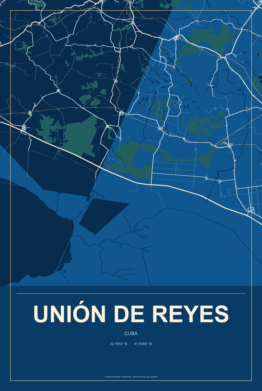 Unión de Reyes, Cuba City Map Aluminum Sign in Harbor Cobalt style