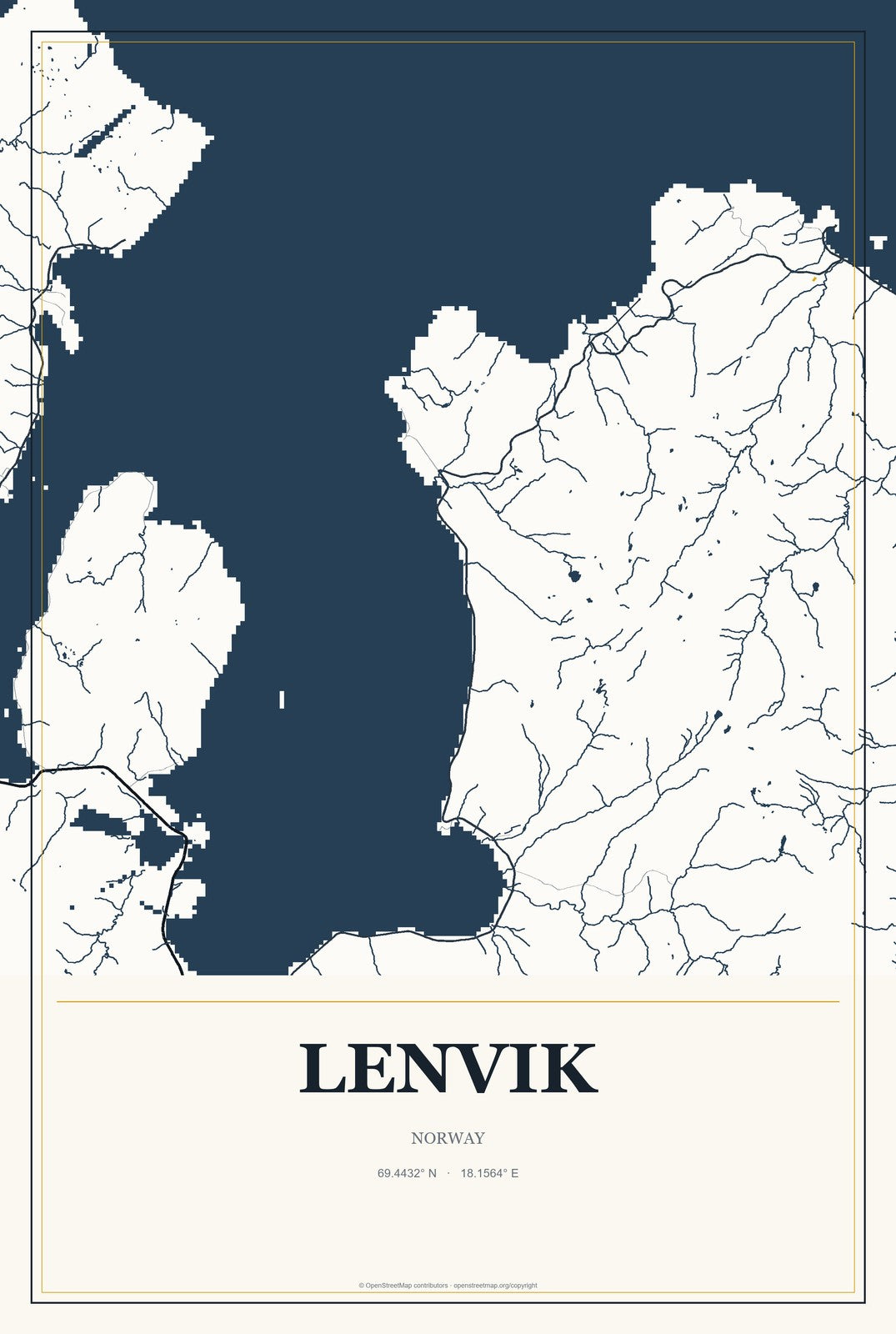 Lenvik, Norway City Map Aluminum Sign in Citrine Modern style