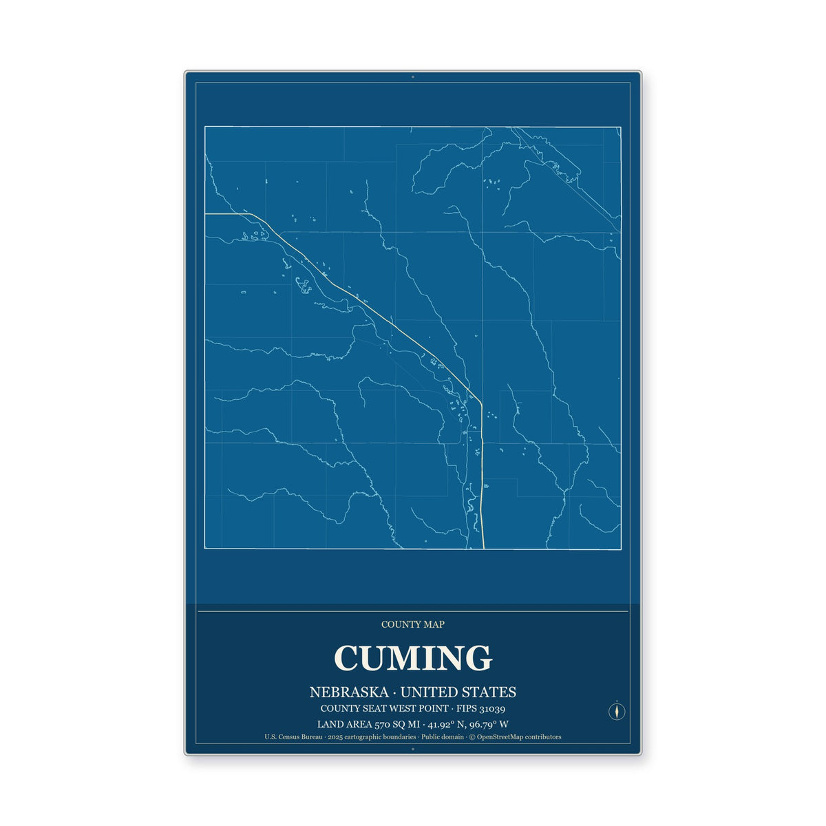 Cuming County, Nebraska Map Aluminum Sign in Harbor Cobalt style