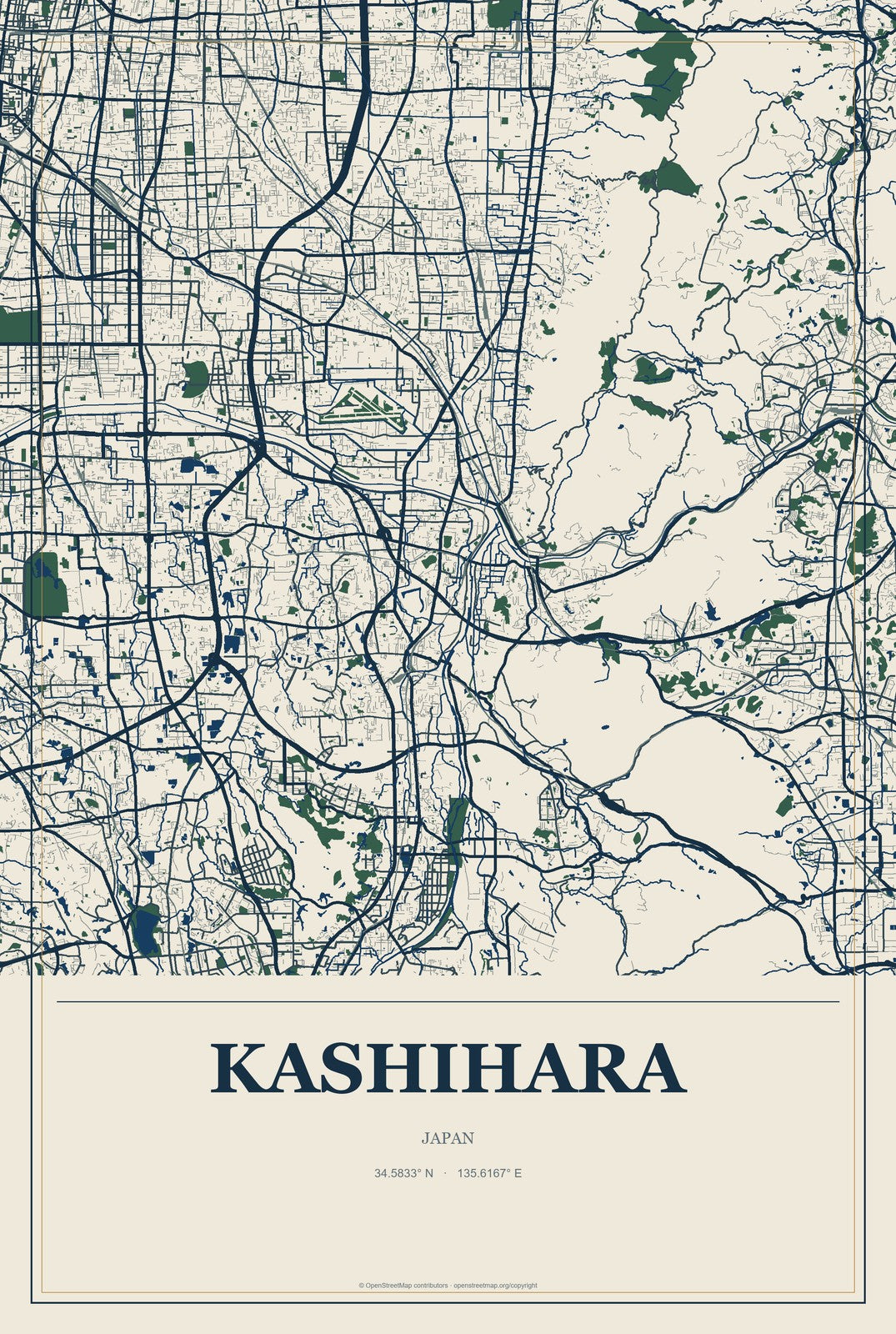 Kashihara, Japan City Map Aluminum Sign in Coastal Cutout style