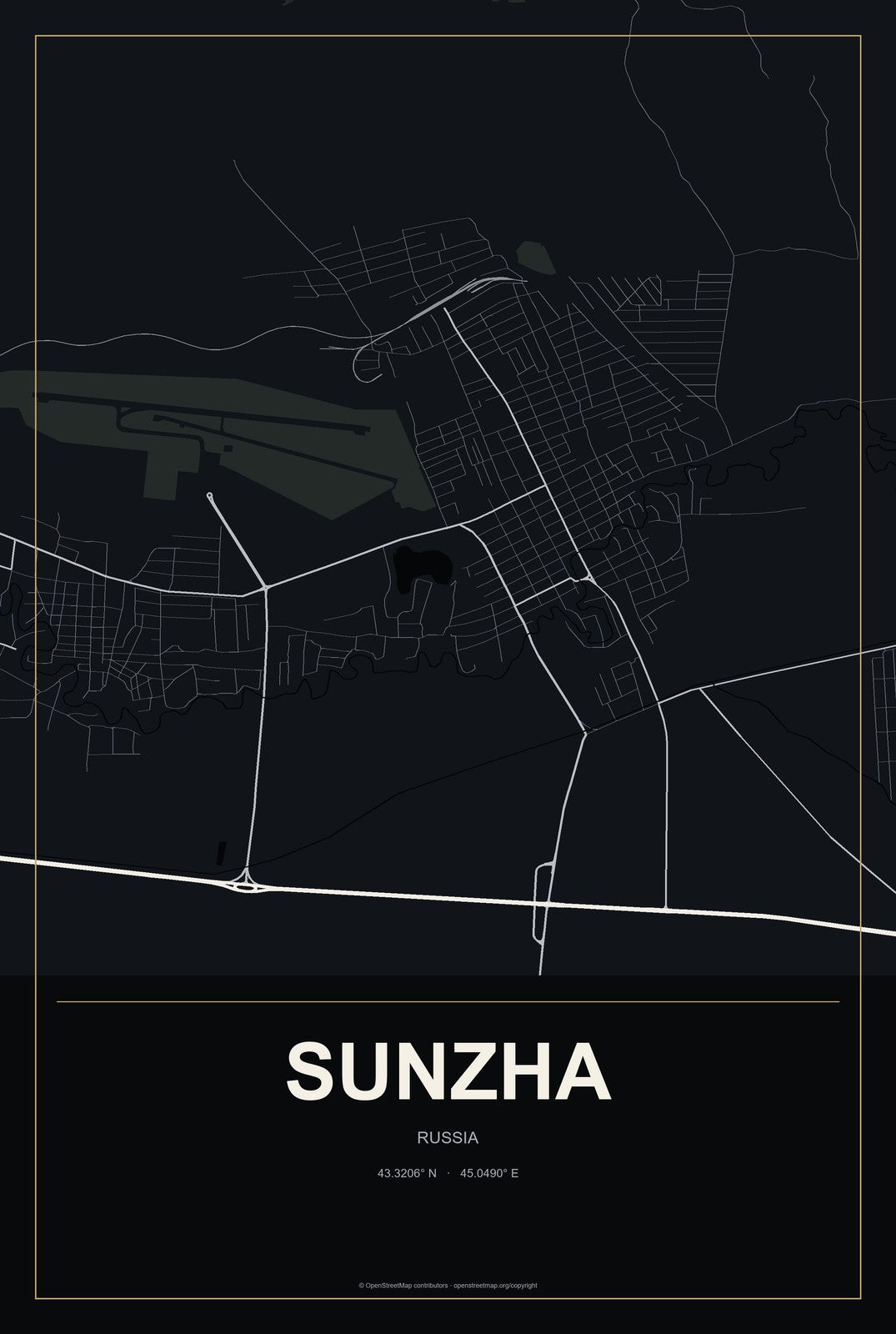 Sunzha, Ingushetiya Republic, Russia City Map Aluminum Sign in Metropolitan Noir style