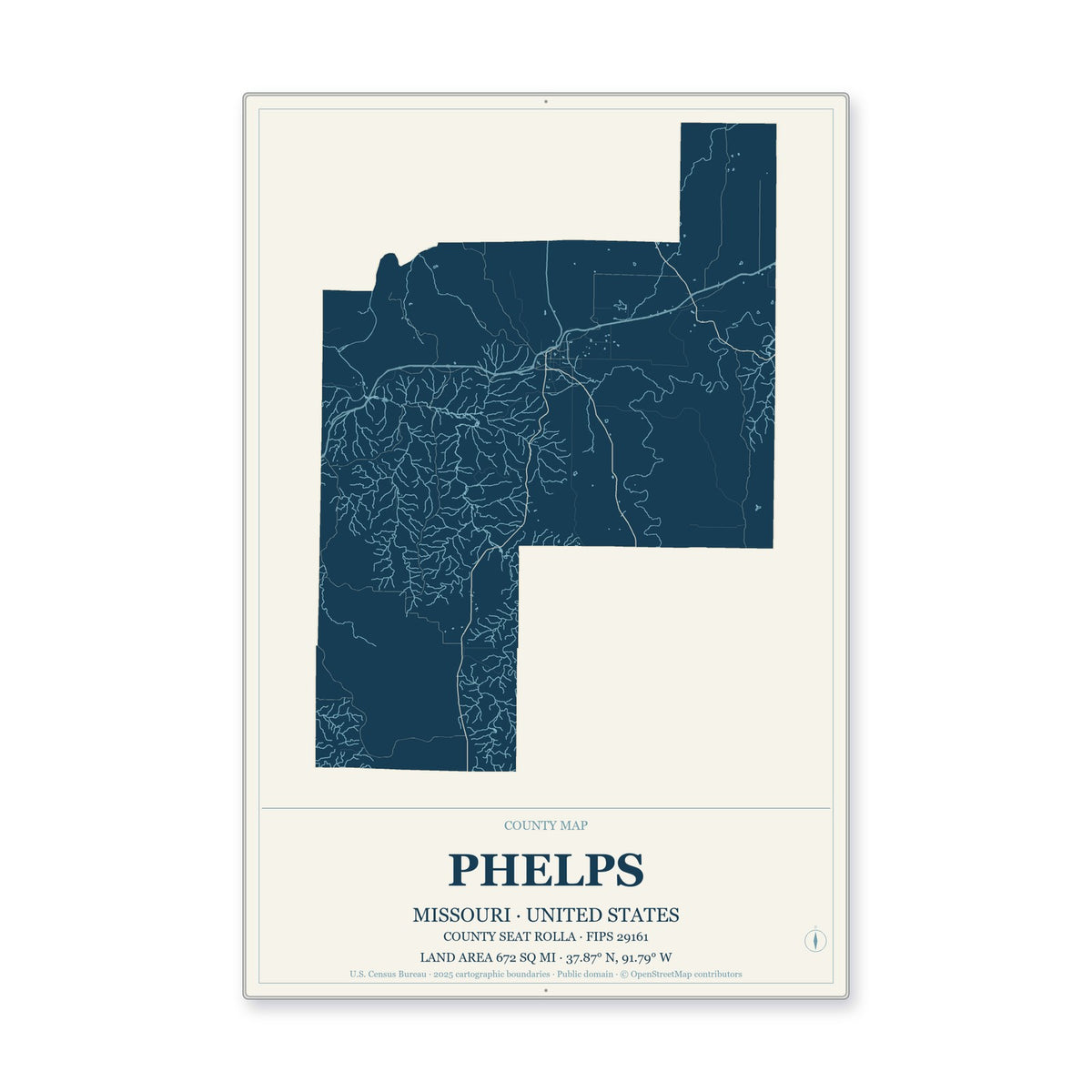 Phelps County, Missouri Map Aluminum Sign in Coastal Cutout style