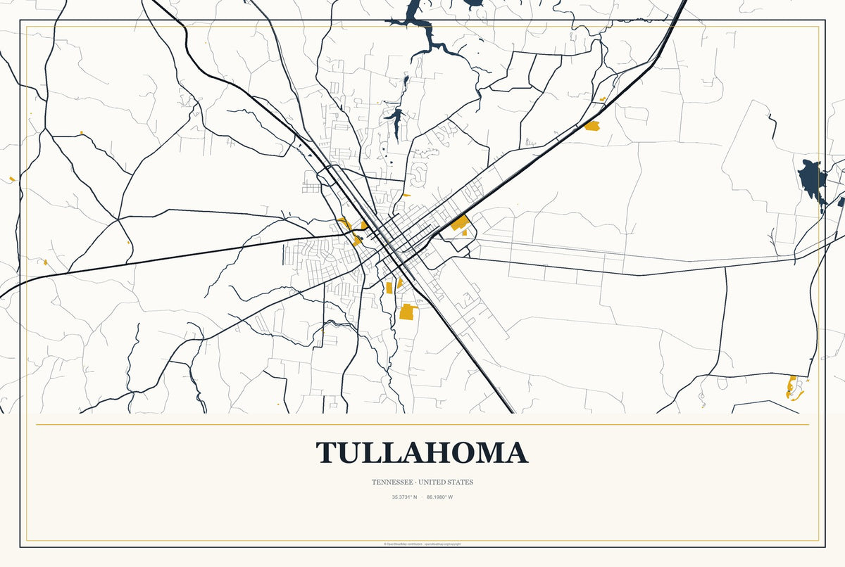 Tullahoma, Tennessee City Map Aluminum Sign in Citrine Modern style