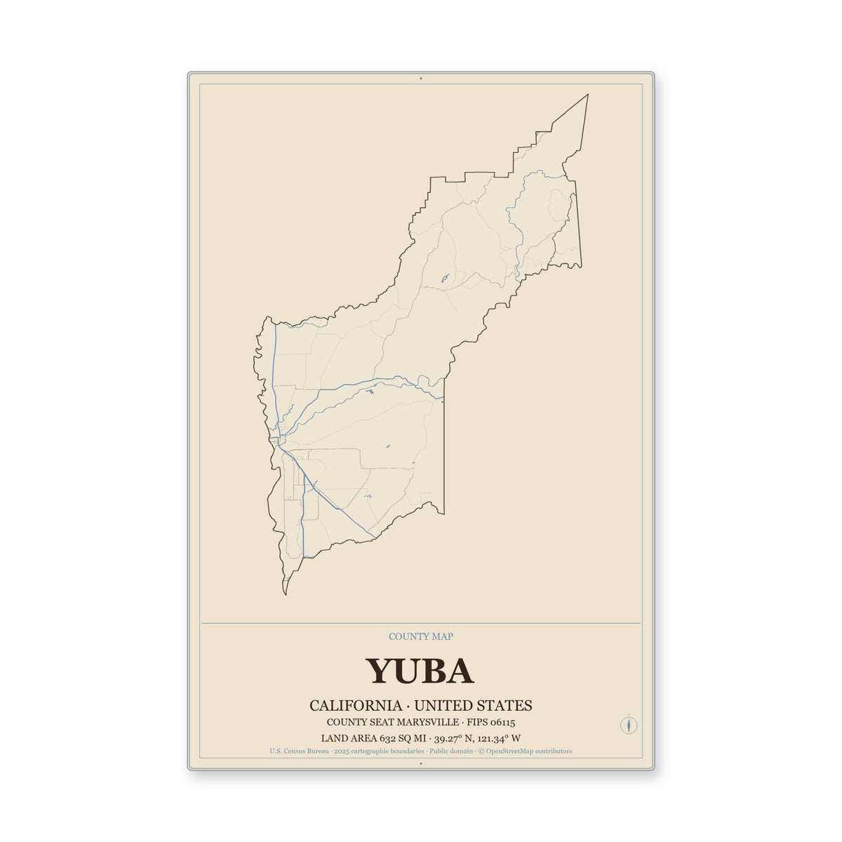 Yuba County, California Map Aluminum Sign in Heritage Nautical style