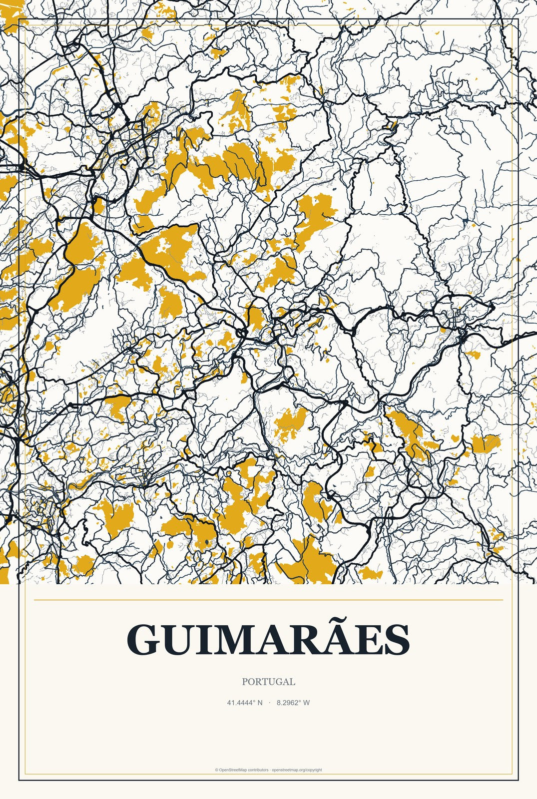 Guimarães, Portugal City Map Aluminum Sign in Citrine Modern style