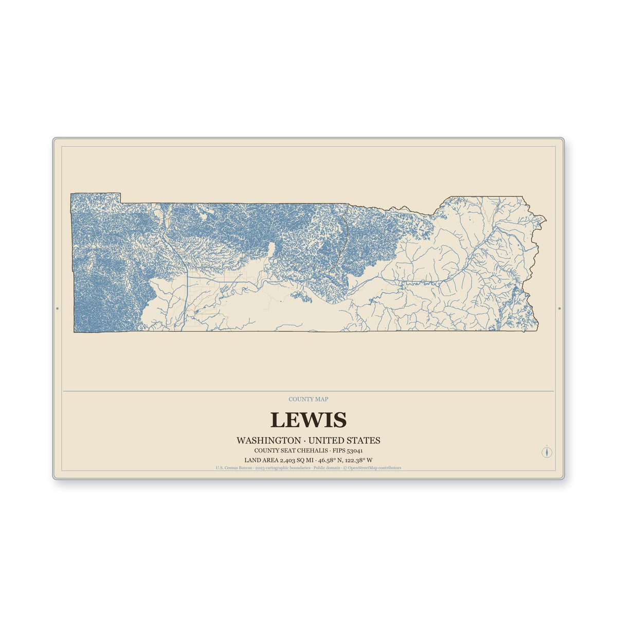 Lewis County, Washington Map Aluminum Sign in Heritage Nautical style