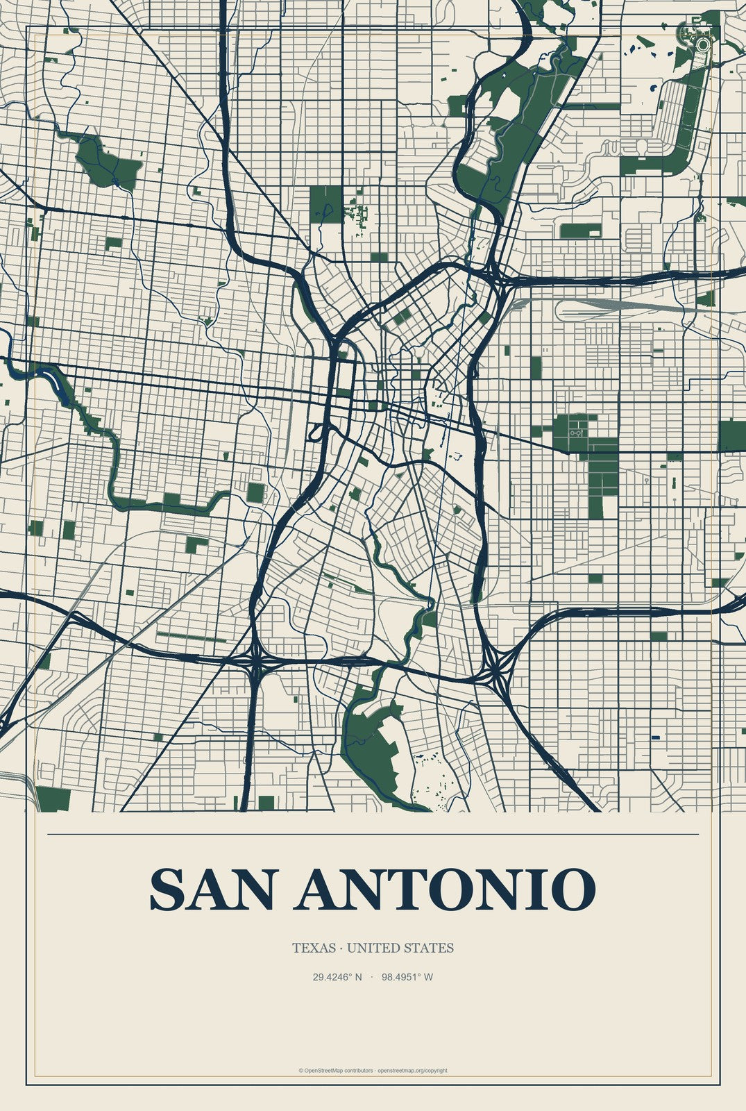 San Antonio, Texas City Map Aluminum Sign in Coastal Cutout style