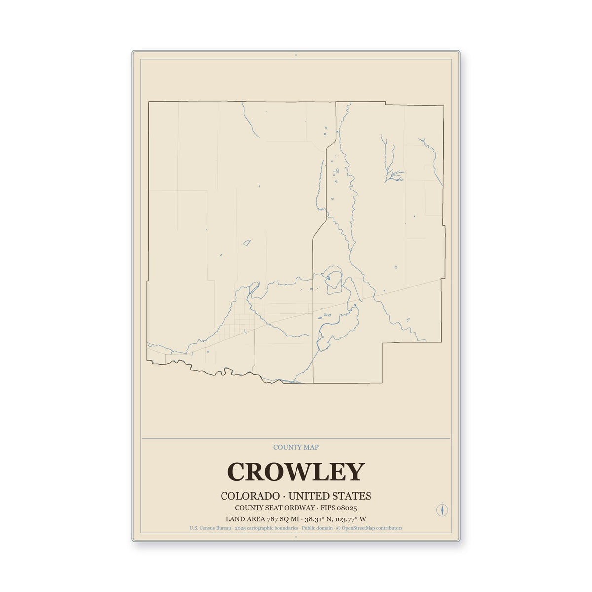 Crowley County, Colorado Map Aluminum Sign in Heritage Nautical style