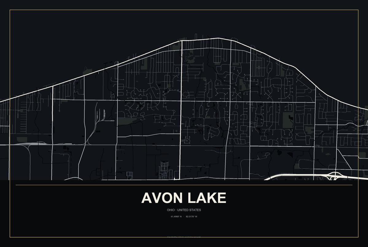Avon Lake, Ohio City Map Aluminum Sign in Metropolitan Noir style