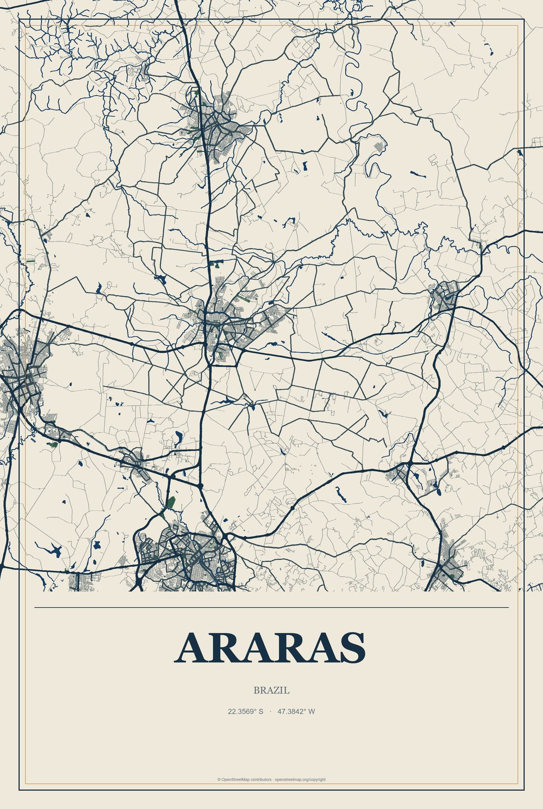 Araras, Brazil City Map Aluminum Sign in Coastal Cutout style