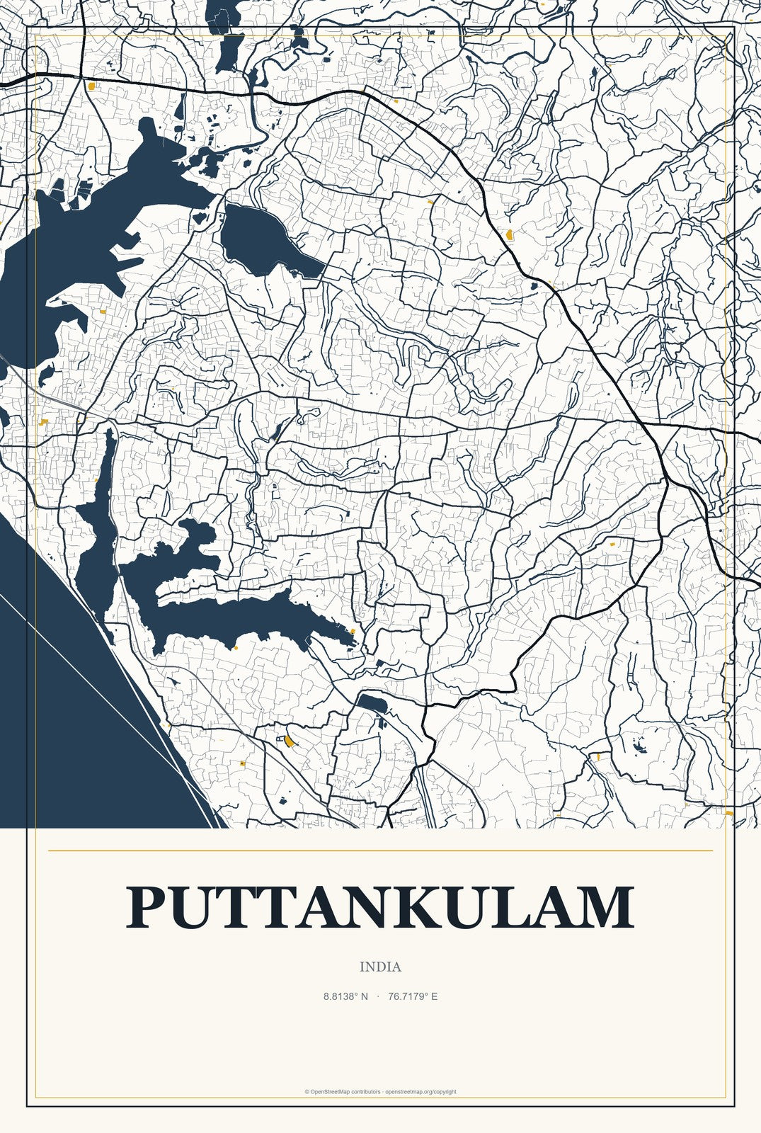 Puttankulam, India City Map Aluminum Sign in Citrine Modern style