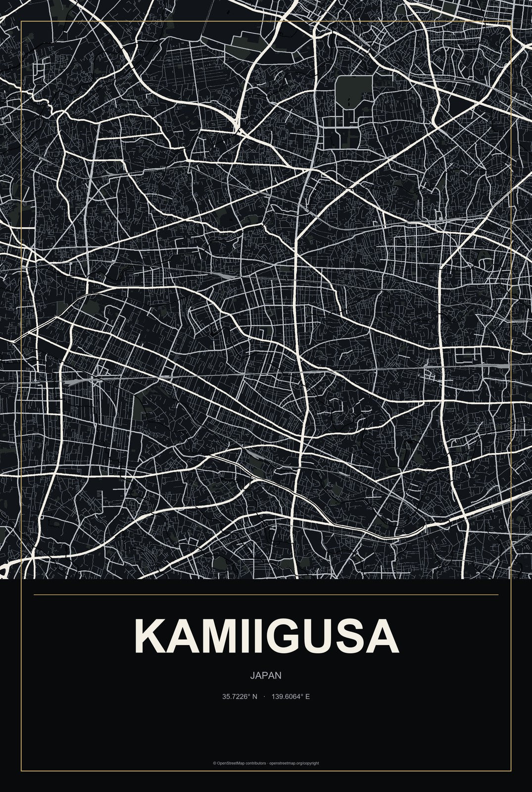 Kamiigusa, Japan City Map Aluminum Sign in Metropolitan Noir style