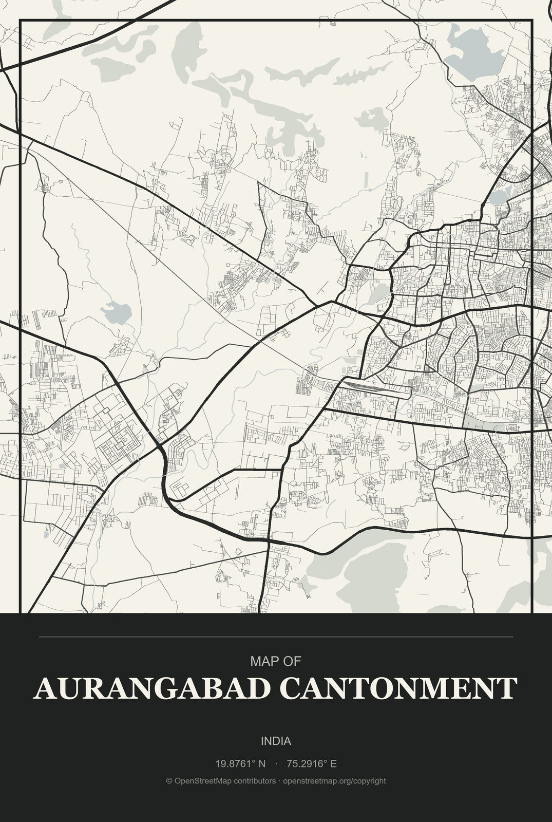 Aurangabad Cantonment, India City Map Aluminum Sign in Museum Plaque style