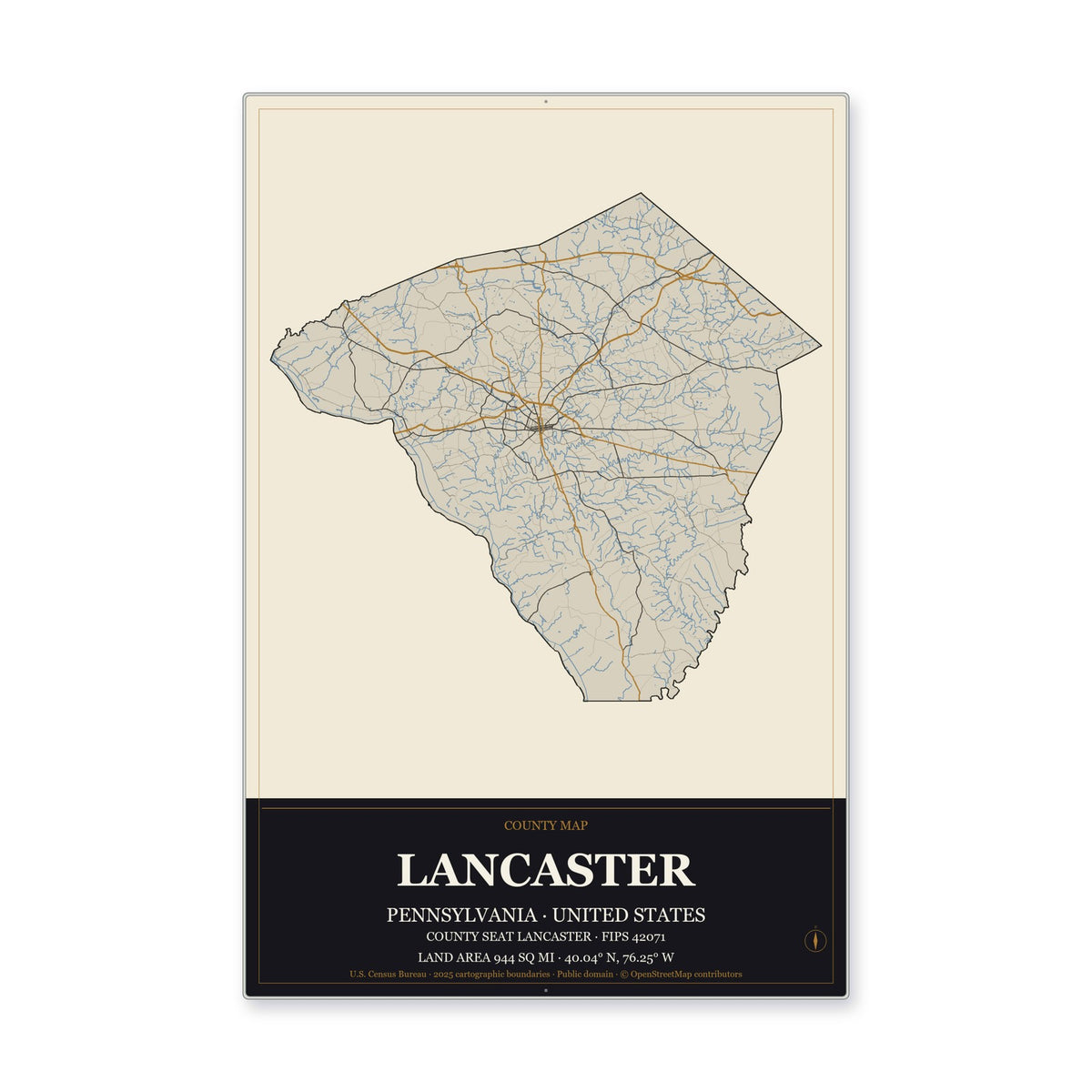 Lancaster County, Pennsylvania Map Aluminum Sign in Museum Plaque style