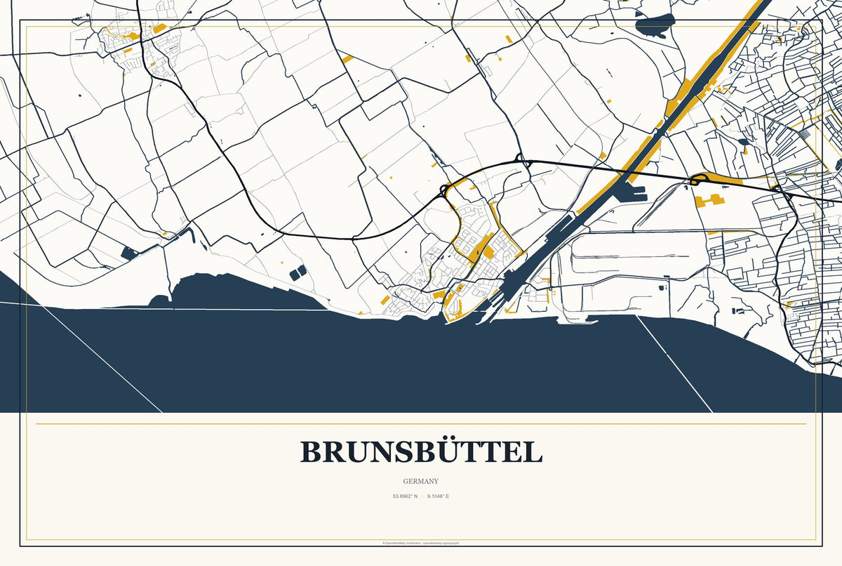 Brunsbüttel, Germany City Map Aluminum Sign in Citrine Modern style