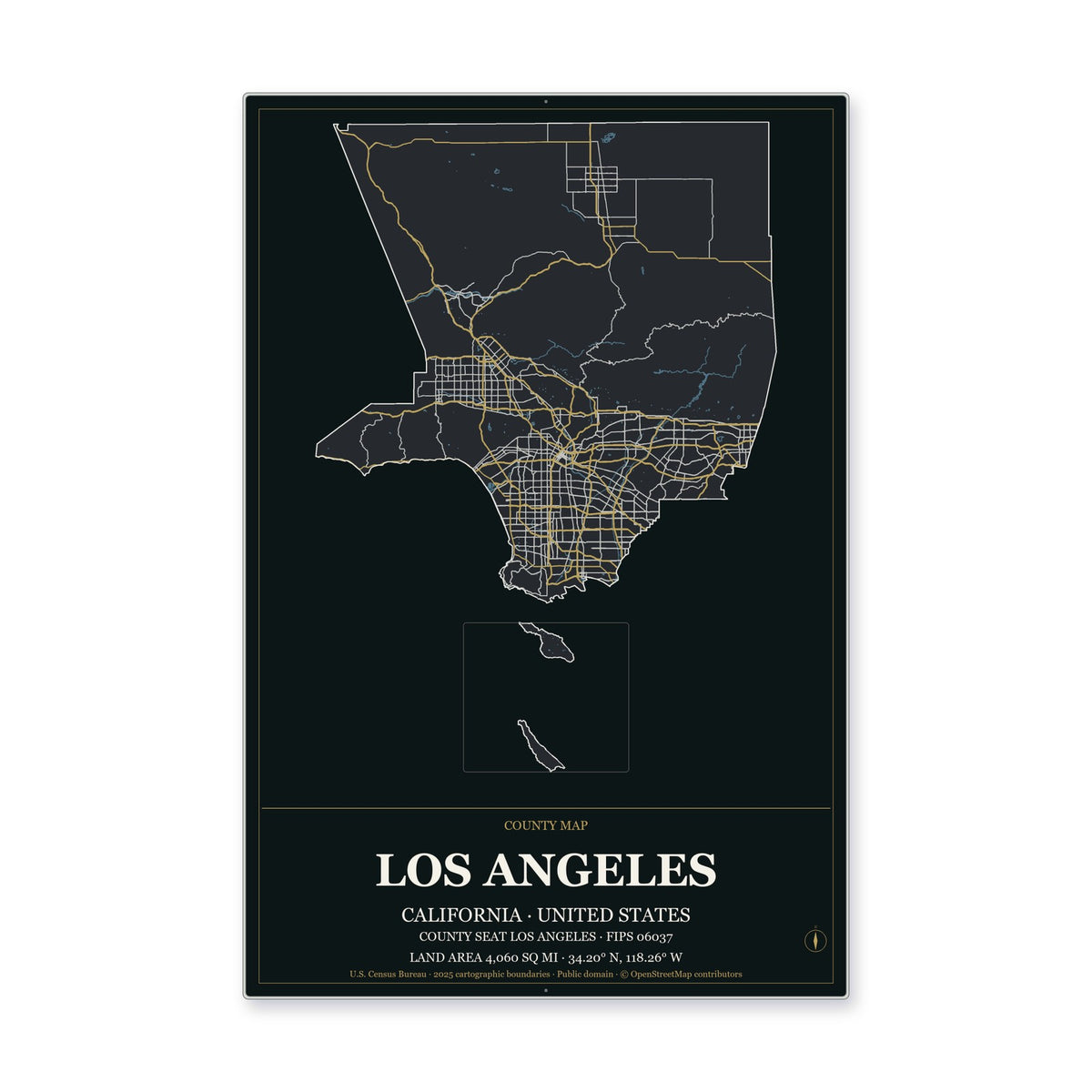 Los Angeles County, California Map Aluminum Sign in Metropolitan Noir style