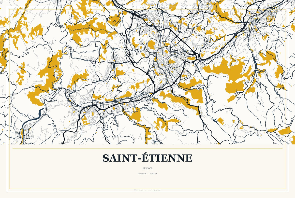 Saint-Étienne, France City Map Aluminum Sign in Citrine Modern style