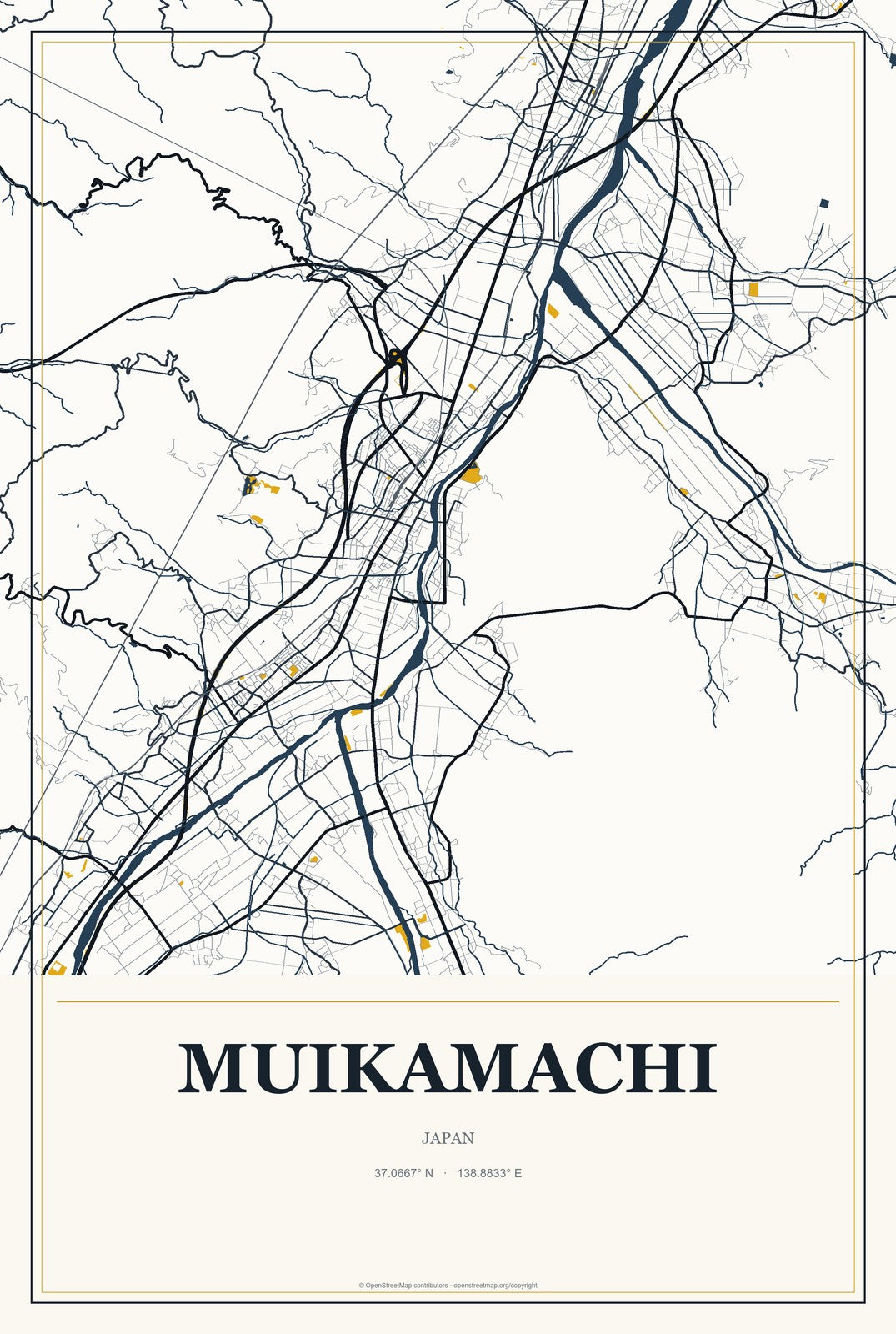 Muikamachi, Japan City Map Aluminum Sign in Citrine Modern style