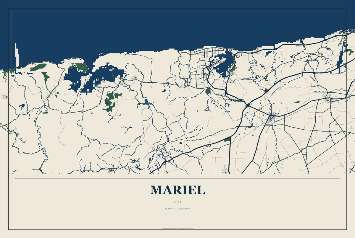 Mariel, Cuba City Map Aluminum Sign in Coastal Cutout style