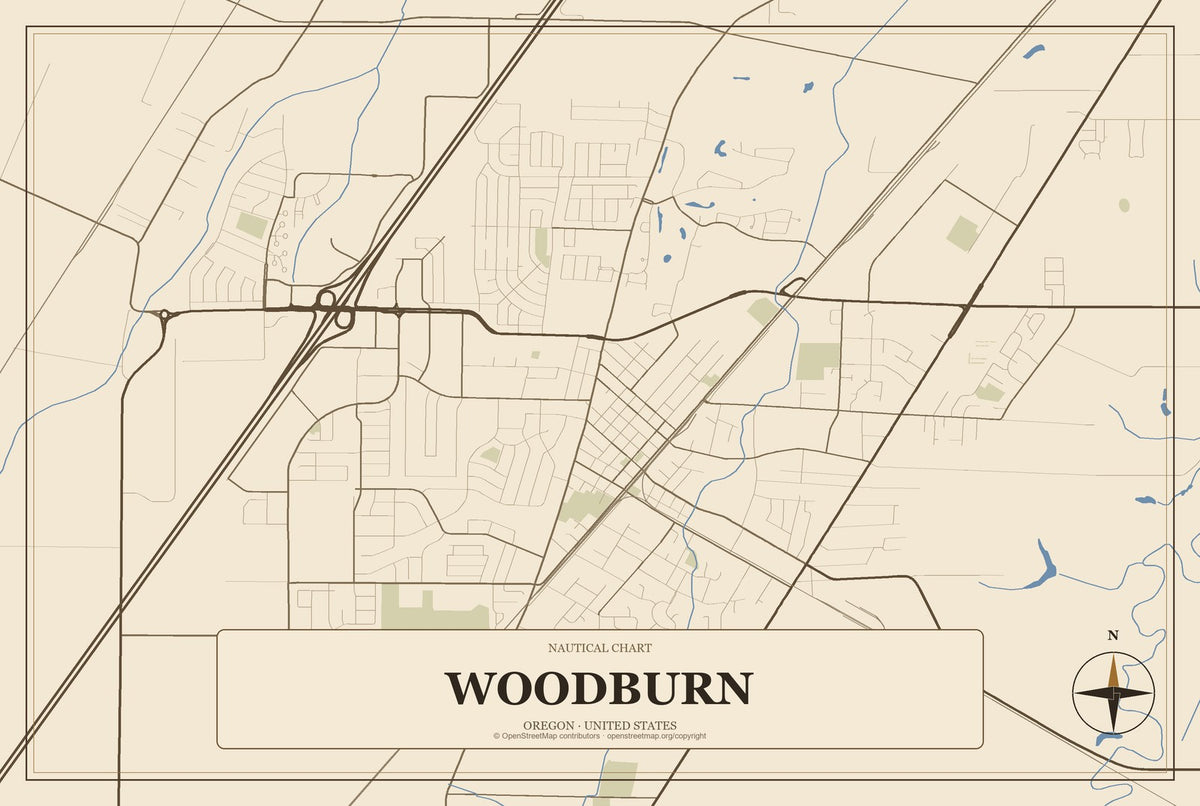 Woodburn, Oregon City Map Aluminum Sign in Heritage Nautical style