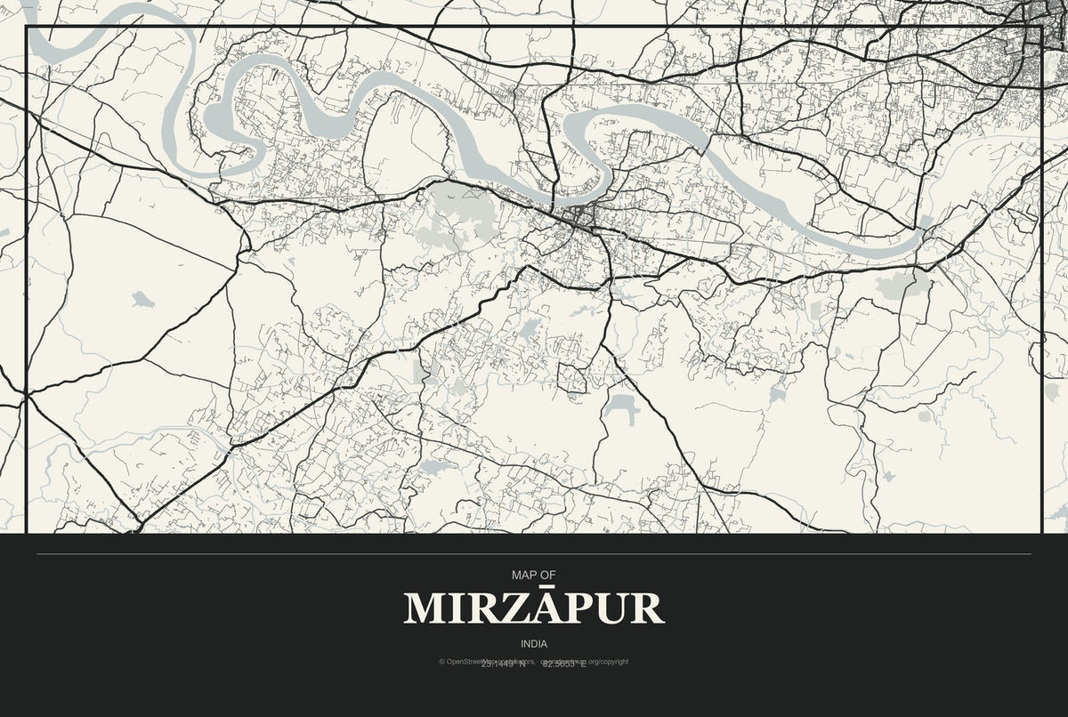 Mirzāpur, India City Map Aluminum Sign in Museum Plaque style