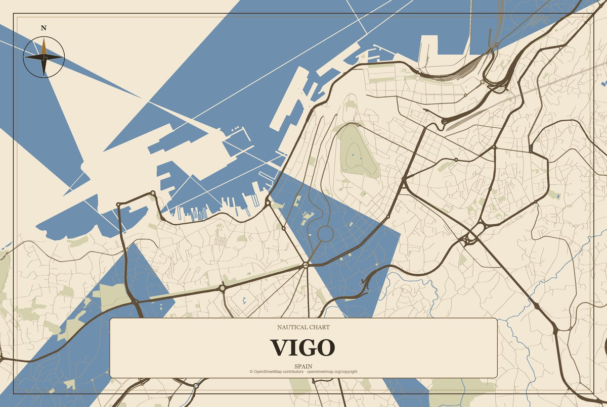 Vigo, Spain City Map Aluminum Sign in Heritage Nautical style