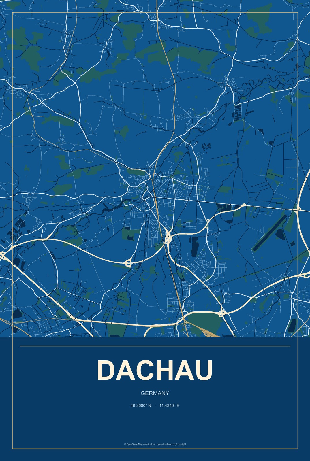Dachau, Germany City Map Aluminum Sign in Harbor Cobalt style