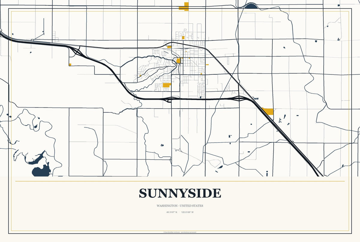 Sunnyside, Washington City Map Aluminum Sign in Citrine Modern style