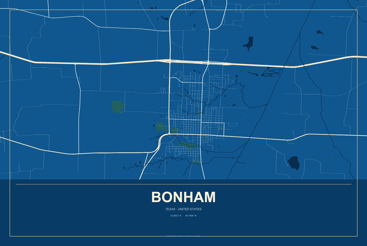 Bonham, Texas City Map Aluminum Sign in Harbor Cobalt style