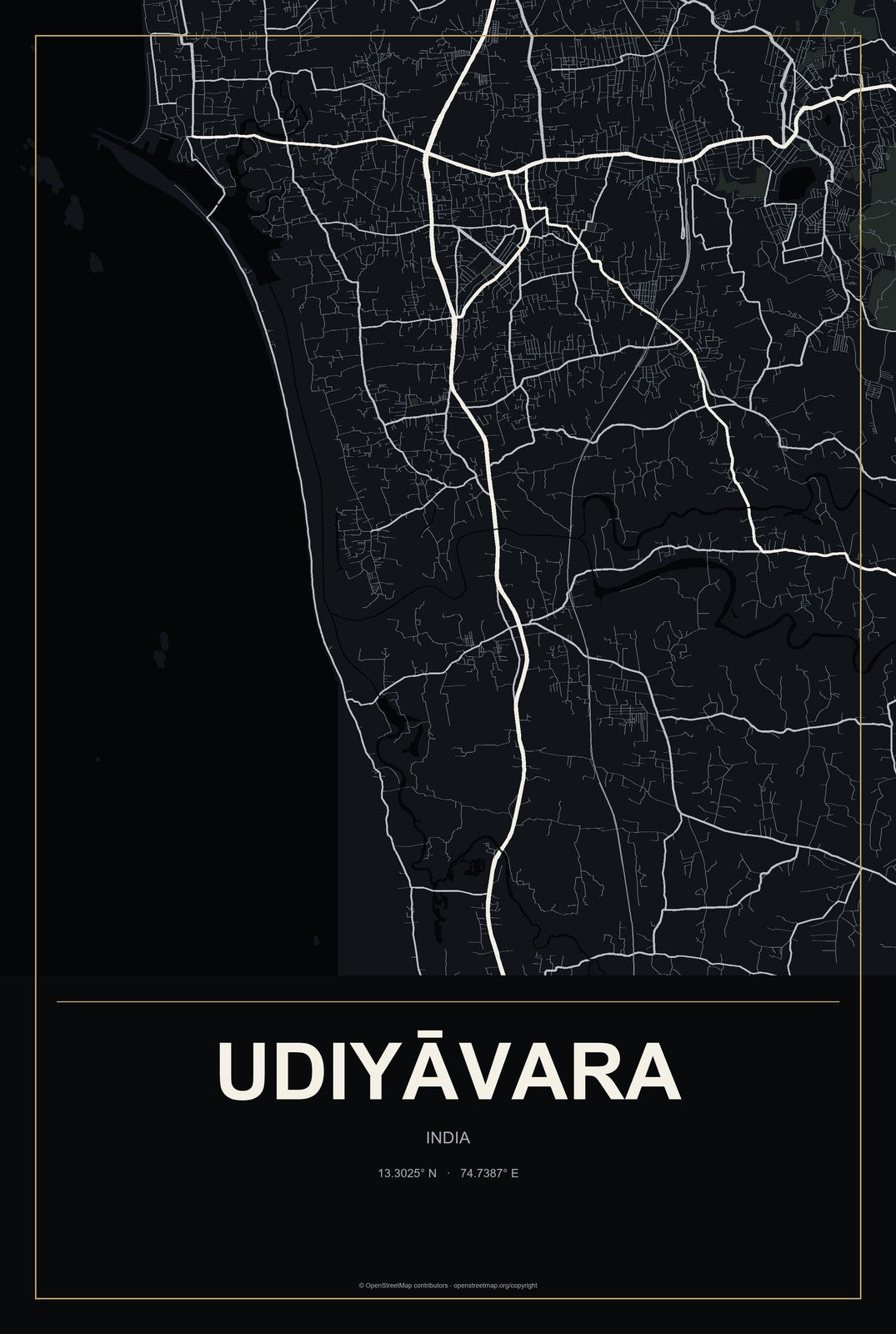 Udiyāvara, India City Map Aluminum Sign in Metropolitan Noir style