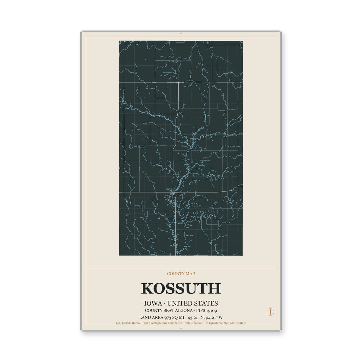 Kossuth County, Iowa Map Aluminum Sign in Headline Atlas style