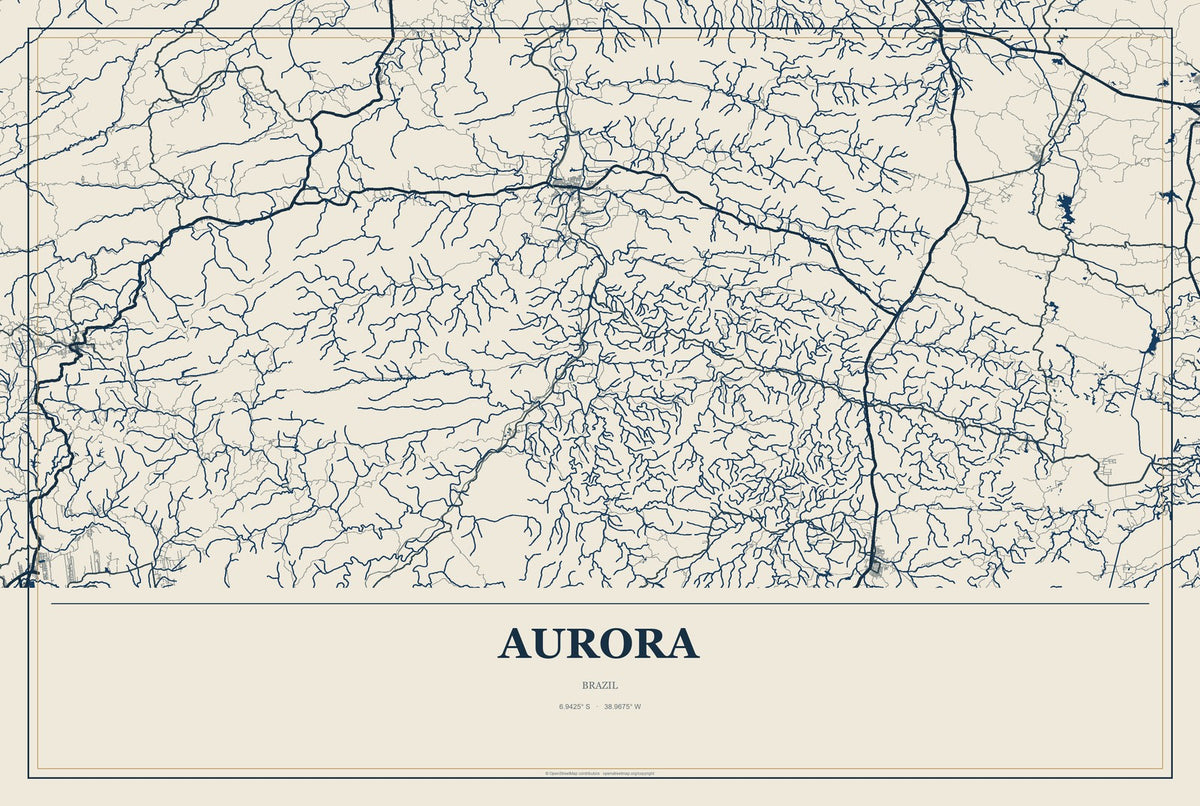 Aurora, Brazil City Map Aluminum Sign in Coastal Cutout style