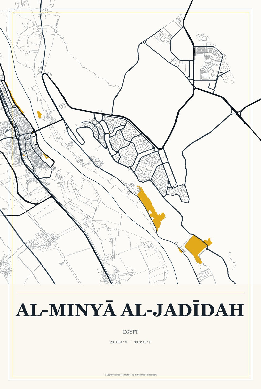 Al-Minyā al-Jadīdah, Egypt City Map Aluminum Sign in Citrine Modern style