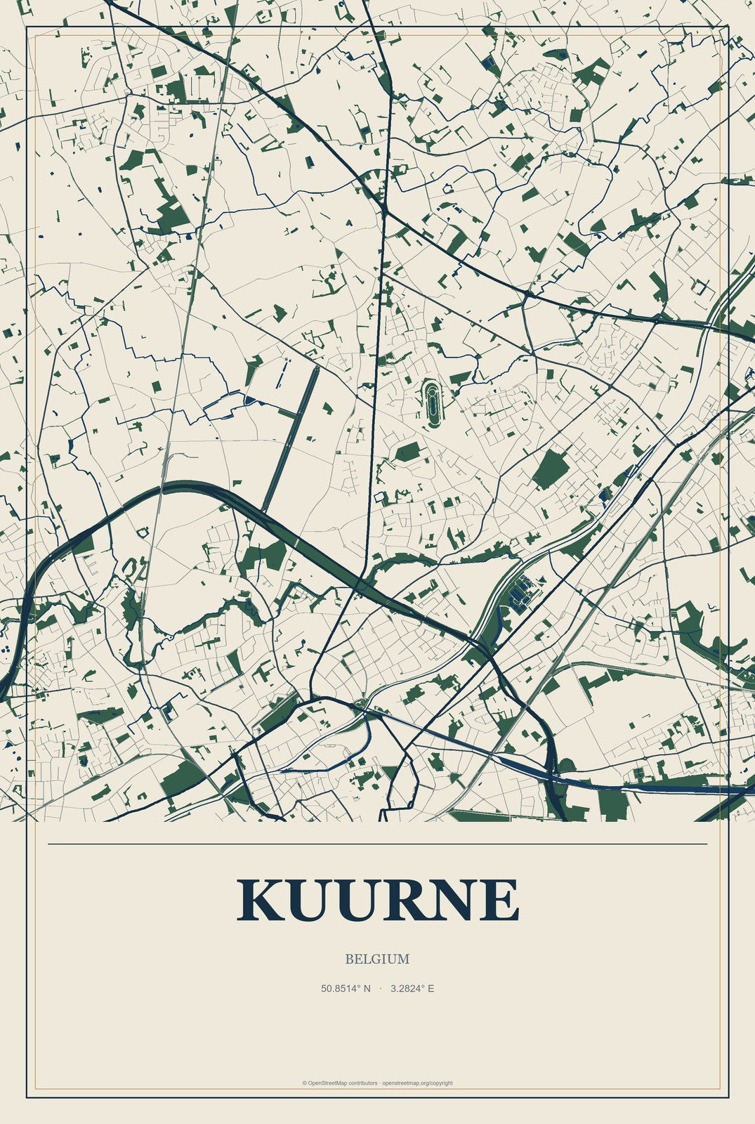 Kuurne, Belgium City Map Aluminum Sign in Coastal Cutout style