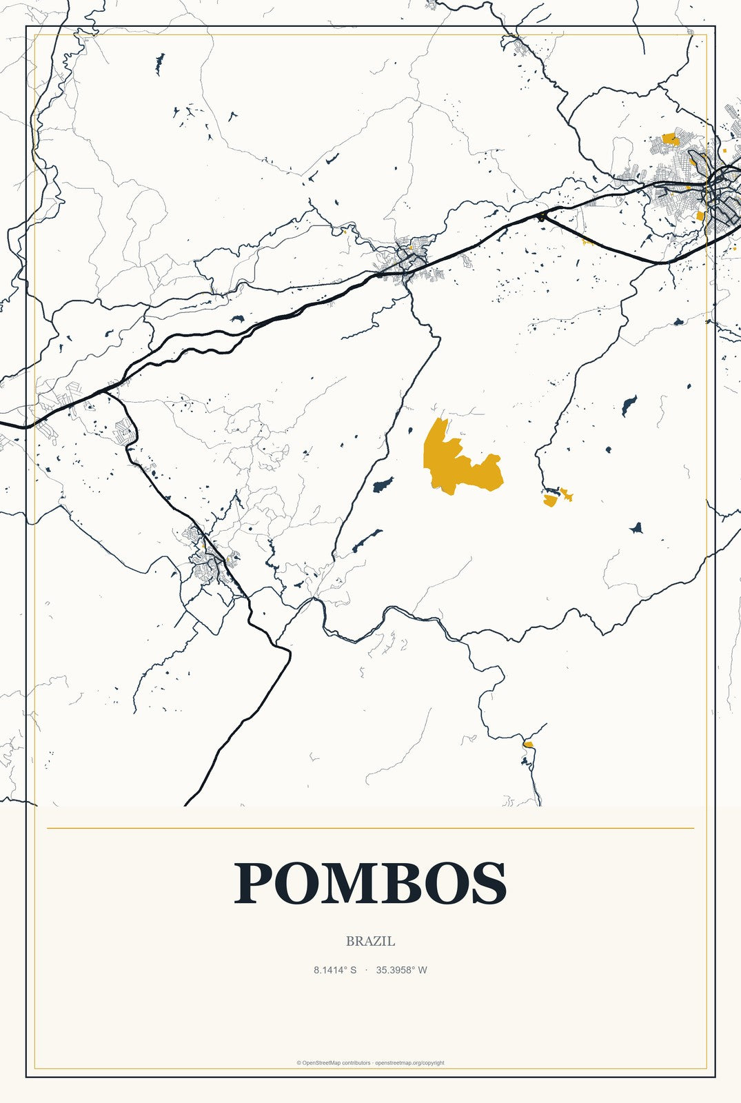 Pombos, Brazil City Map Aluminum Sign in Citrine Modern style
