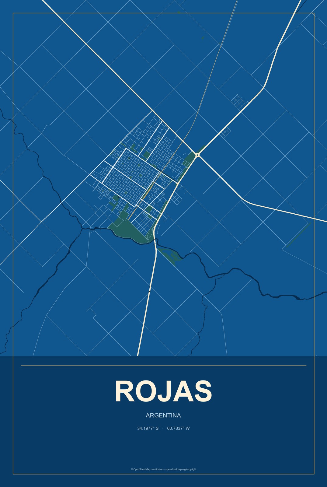 Rojas, Argentina City Map Aluminum Sign in Harbor Cobalt style