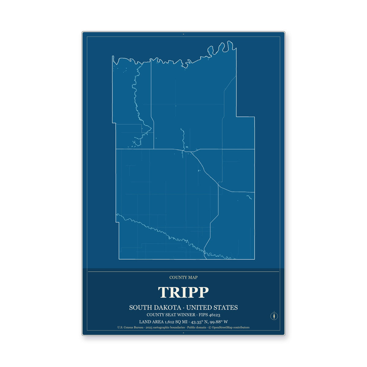 Tripp County, South Dakota Map Aluminum Sign in Harbor Cobalt style