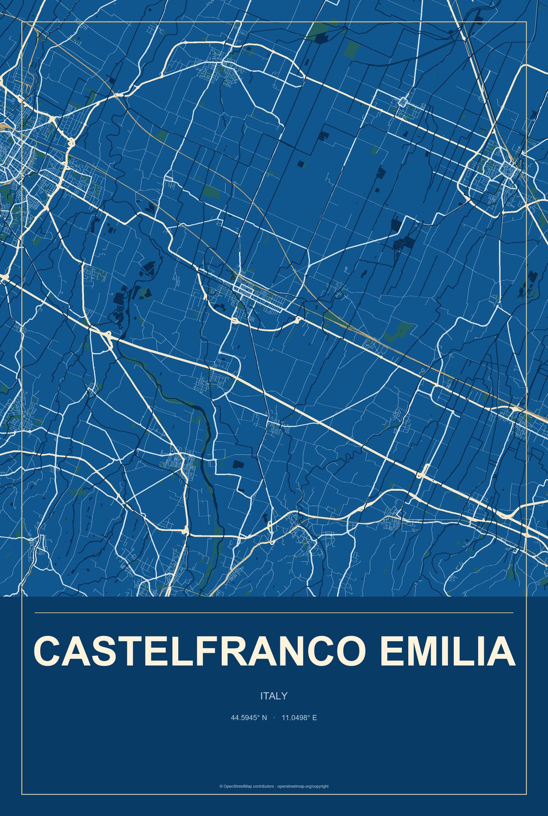 Castelfranco Emilia, Italy City Map Aluminum Sign in Harbor Cobalt style