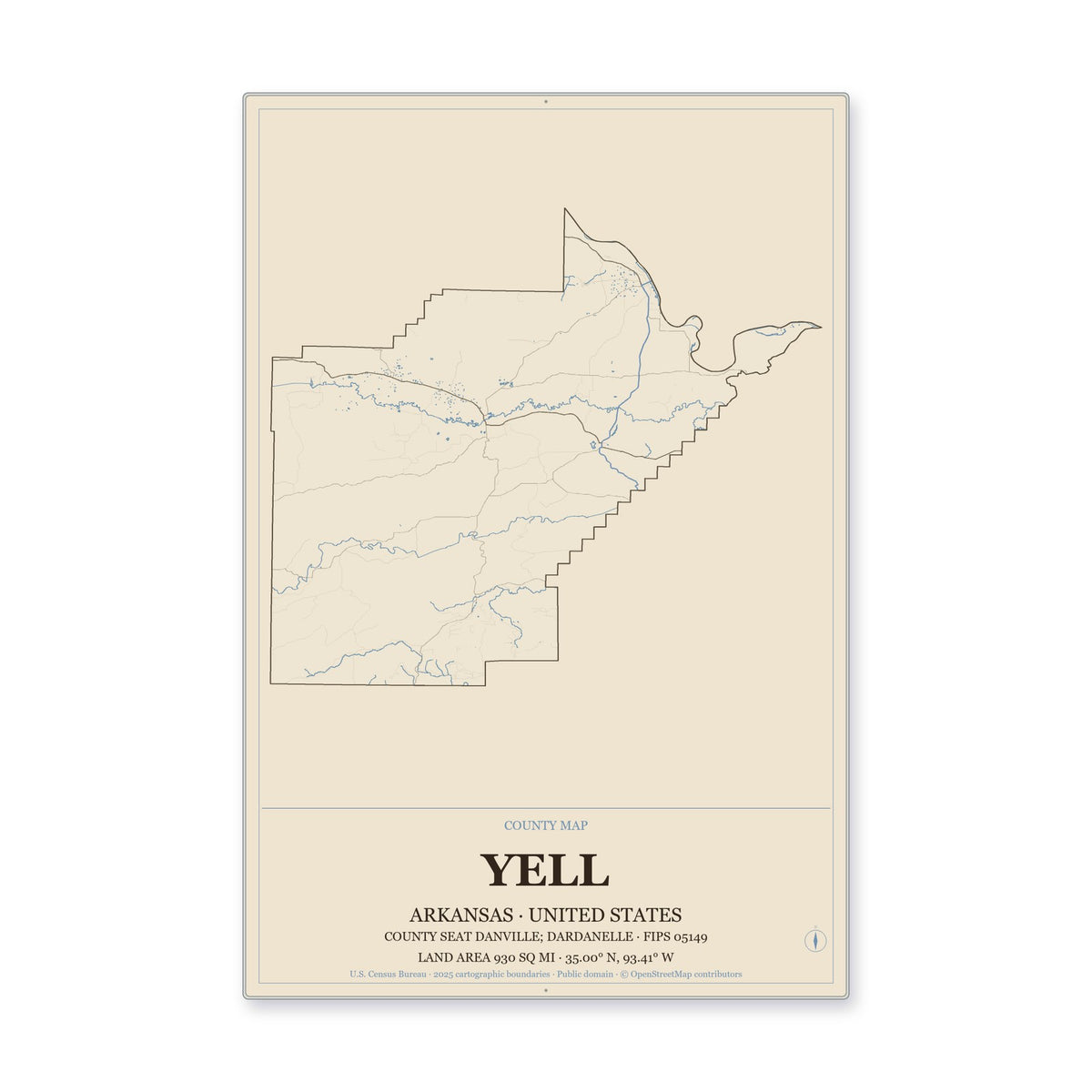 Yell County, Arkansas Map Aluminum Sign in Heritage Nautical style