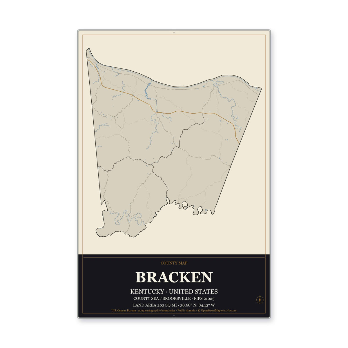 Bracken County, Kentucky Map Aluminum Sign in Museum Plaque style