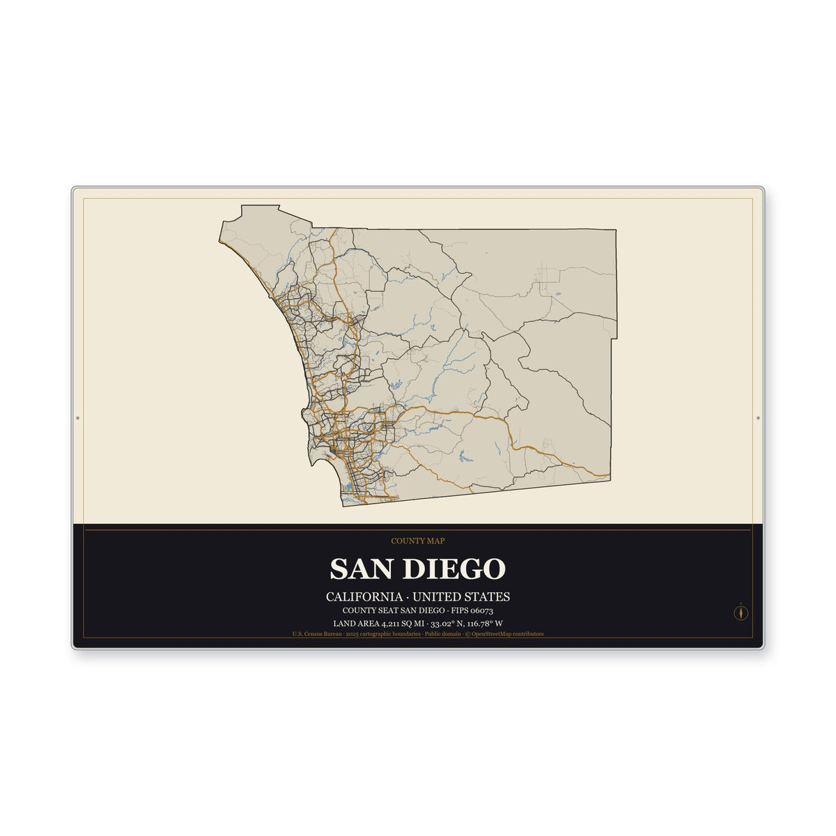 San Diego County, California Map Aluminum Sign in Museum Plaque style
