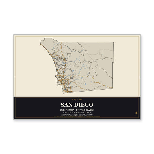 San Diego County, California Map Aluminum Sign in Museum Plaque style