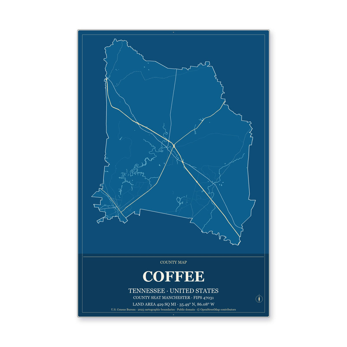 Coffee County, Tennessee Map Aluminum Sign in Harbor Cobalt style