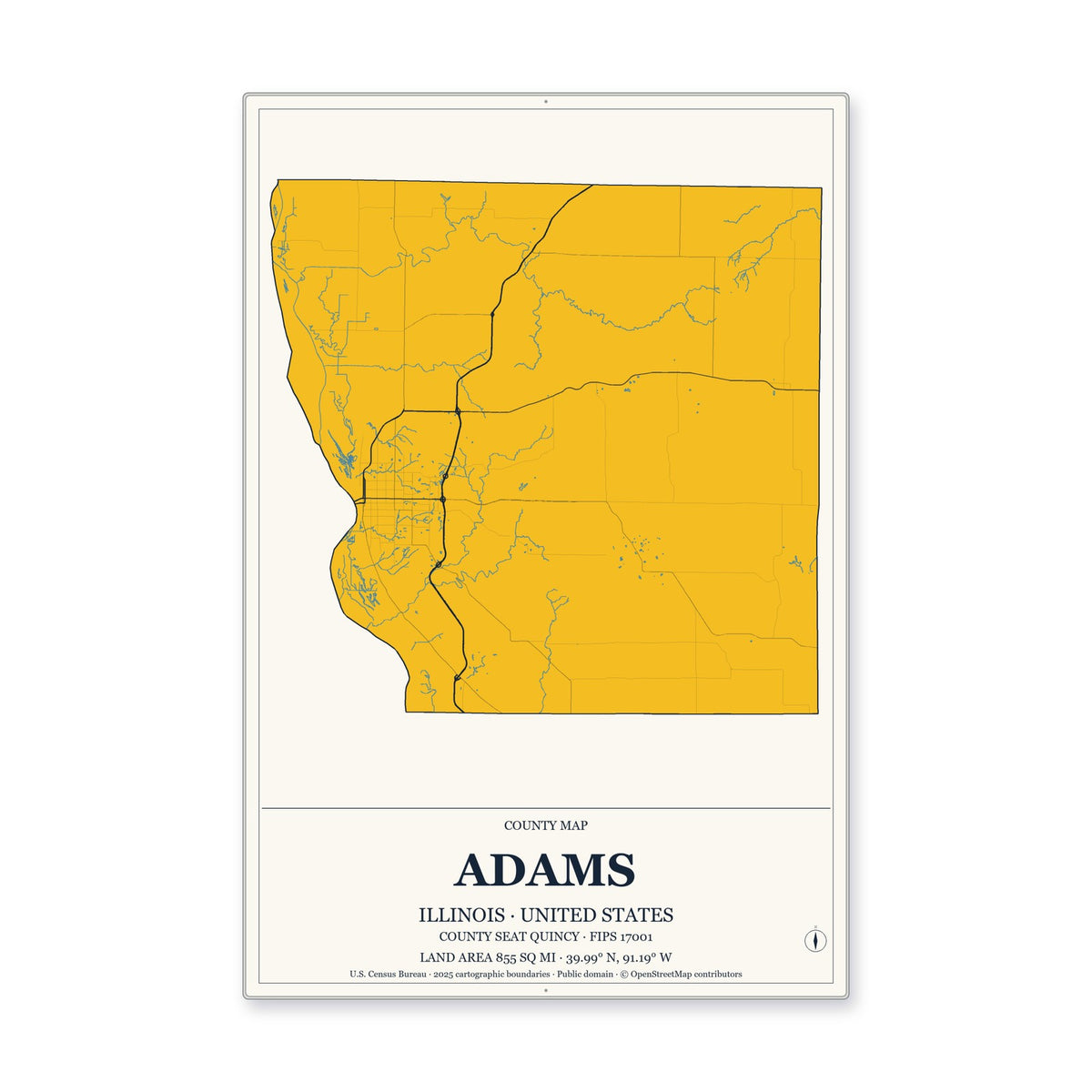Adams County, Illinois Map Aluminum Sign in Citrine Modern style