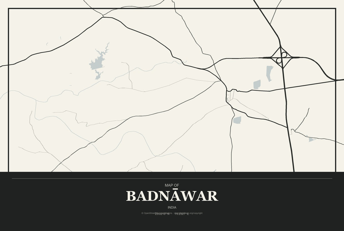 Badnāwar, India City Map Aluminum Sign in Museum Plaque style