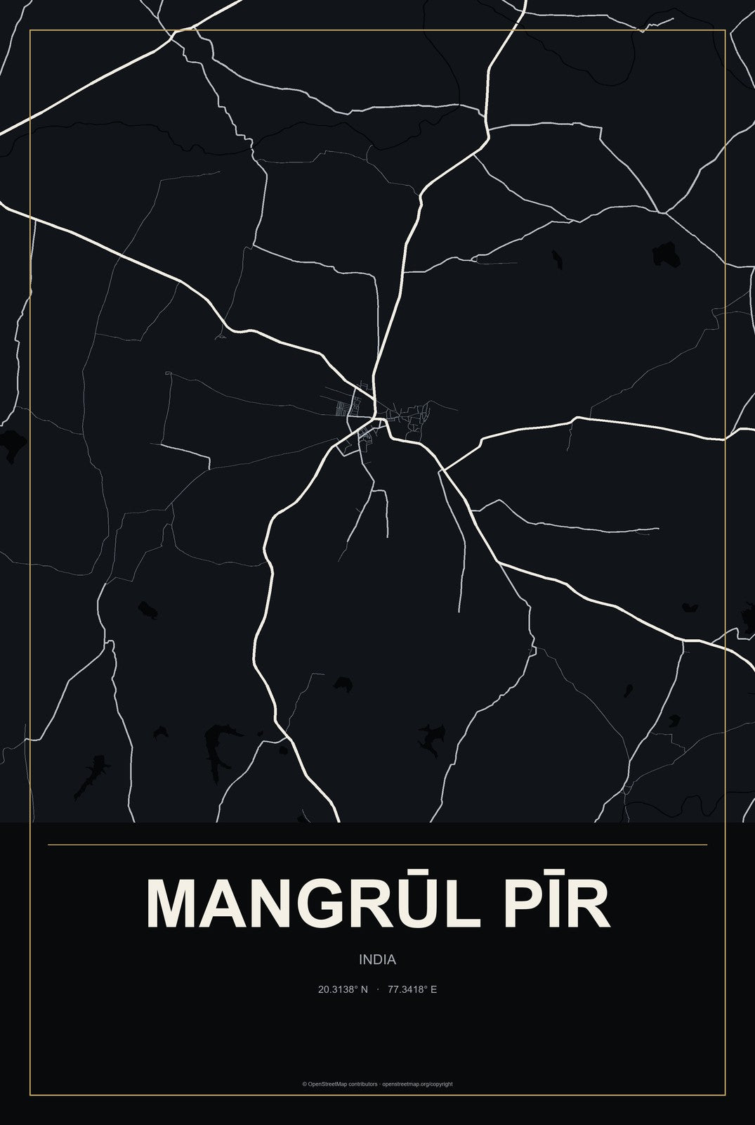 Mangrūl Pīr, India City Map Aluminum Sign in Metropolitan Noir style