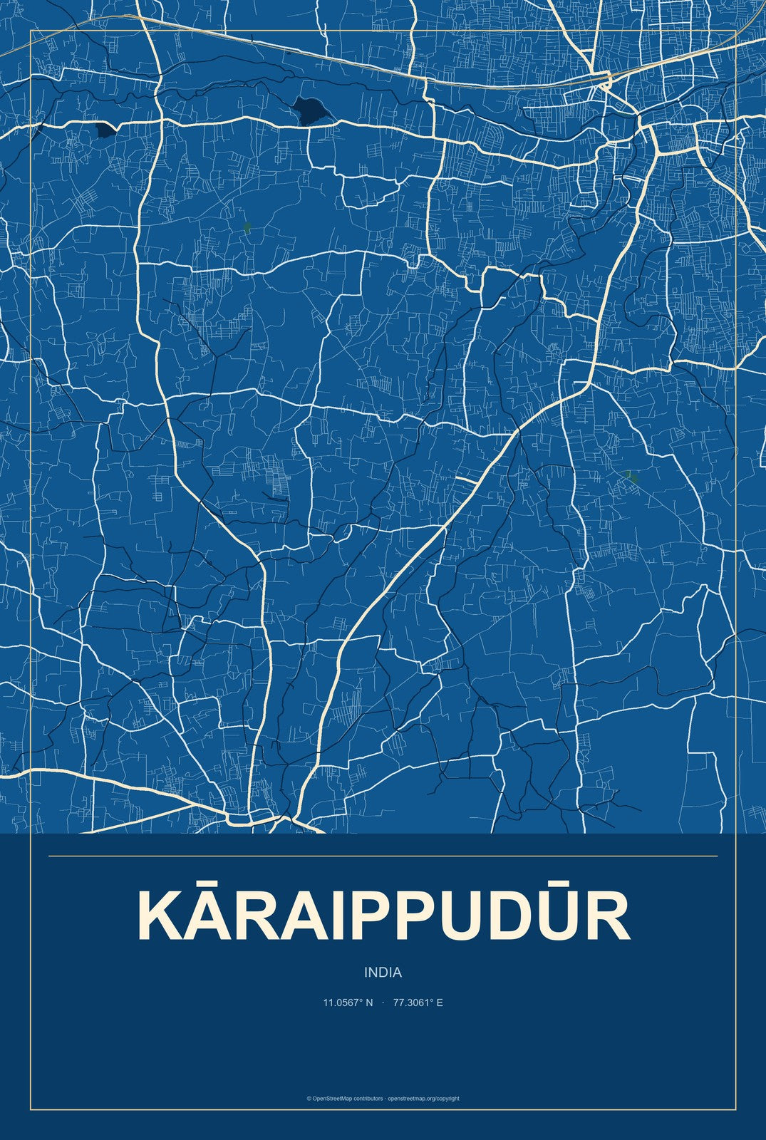 Kāraippudūr, India City Map Aluminum Sign in Harbor Cobalt style