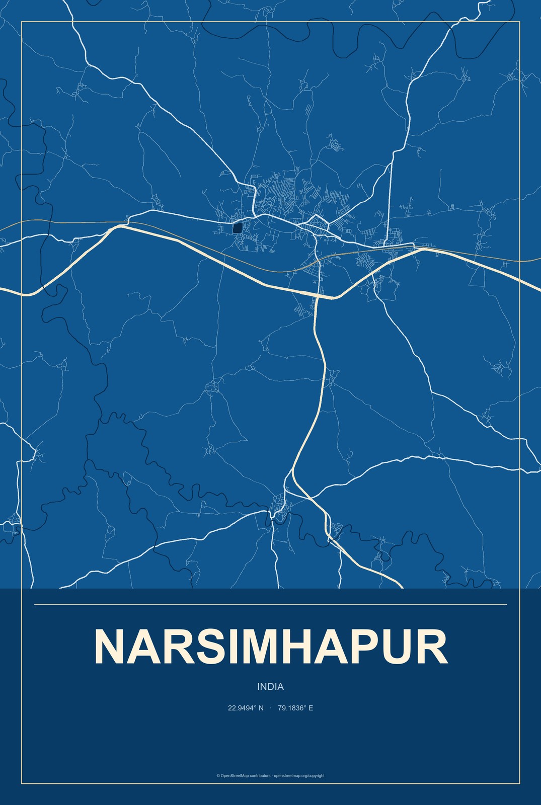 Narsimhapur, India City Map Aluminum Sign in Harbor Cobalt style
